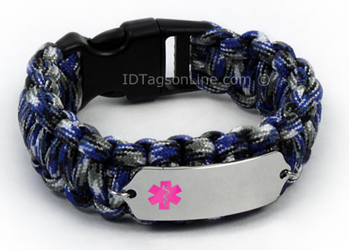 Blue Camo Paracord Medical ID Bracelet with Pink Medical Emblem. - Click Image to Close